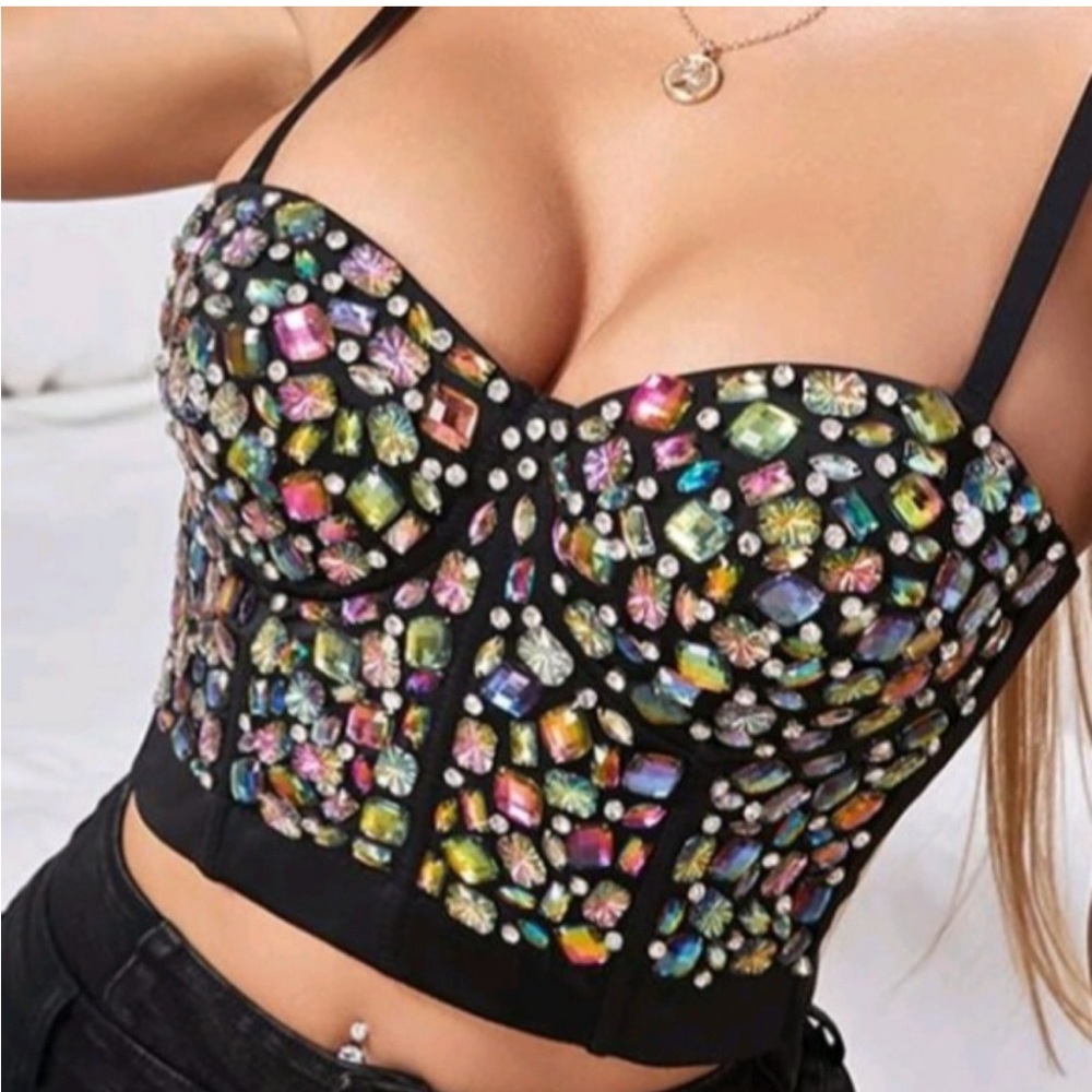 💎 BEJEWELED 💎Rhinestone Bustier Crop Corset Cami Top. NWT.